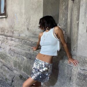 Danielle Guizio Skirt Paillette Low Rise Micro Mini in Silver Sequins